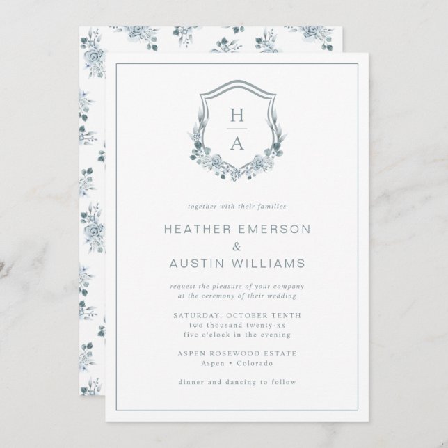 Blue Floral Monogram Wedding Invitation (Front/Back)