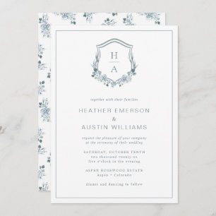 Blue Floral Monogram Wedding Invitation