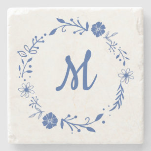 Blue Floral Monogram Wreath Design Stone Coaster