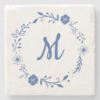 Blue Floral Monogram Wreath Design Stone Coaster