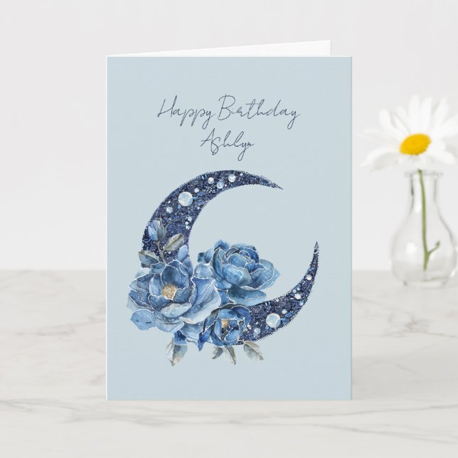 Blue Floral Moon Birthday Card (Small Plant)