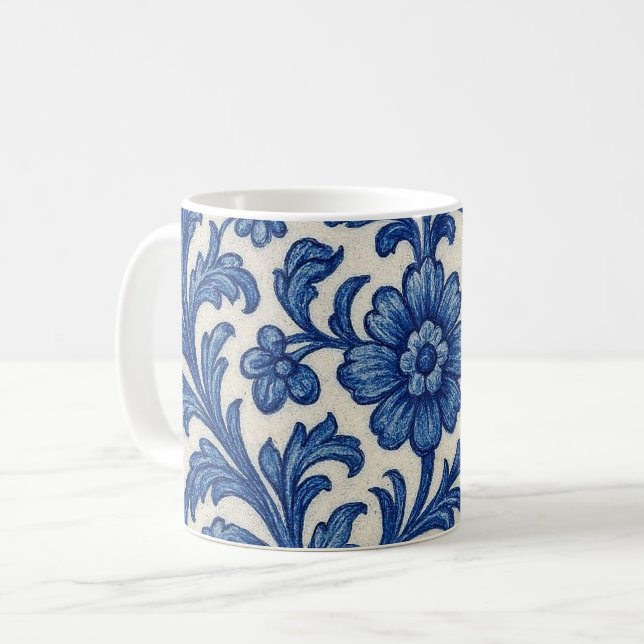 Blue Floral Mug. Coffee Mug (Front Left)
