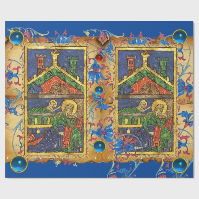 BLUE FLORAL NATIVITY CHRISTMAS PARCHMENT AND GEMS WRAPPING PAPER (Flat)