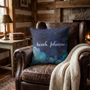Blue floral nature botanical decorative watercolor cushion