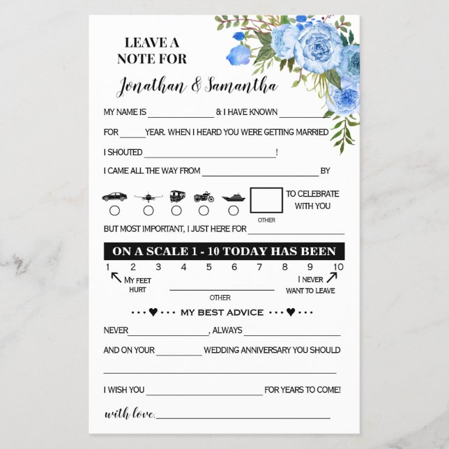 Blue Floral Note for Couple Wedding Reception Card (Front)