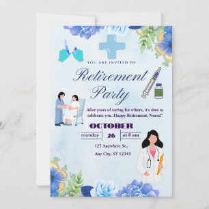 Blue Floral Nurse Retirement Party Invitation