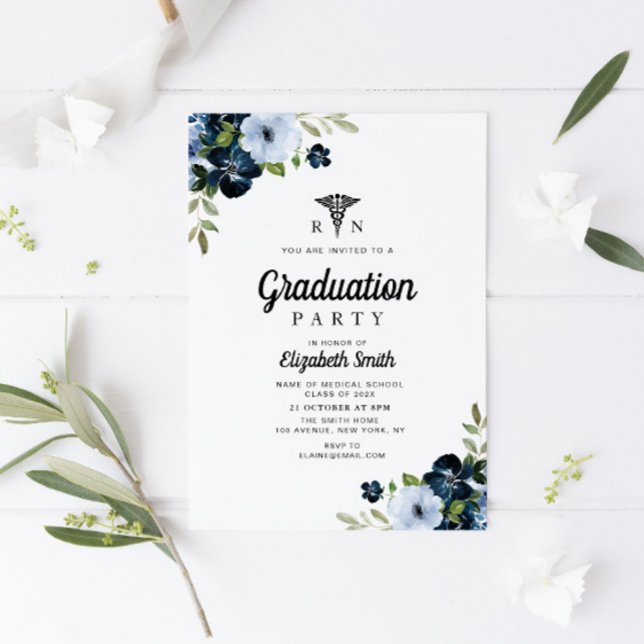 Blue floral nursing graduation party invitation (Creator Uploaded)