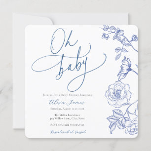 Blue Floral Oh Baby Shower Invitation