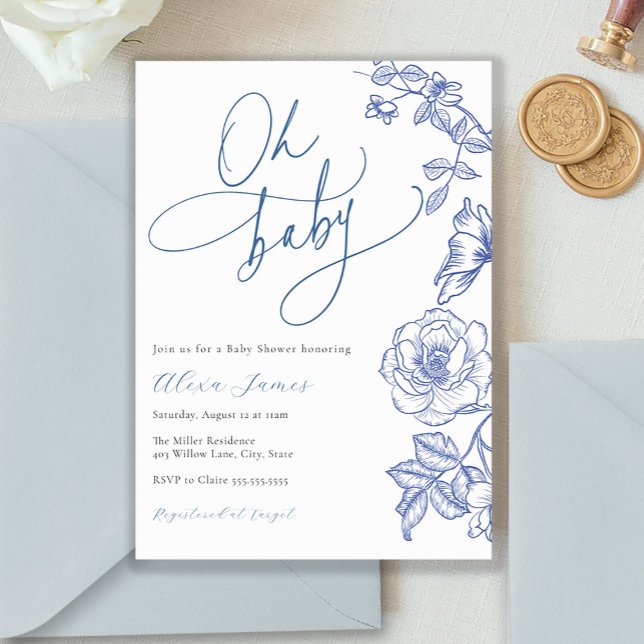Blue Floral Oh Baby Shower Invitation (Creator Uploaded)