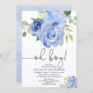 Blue floral Oh boy baby shower Invitation