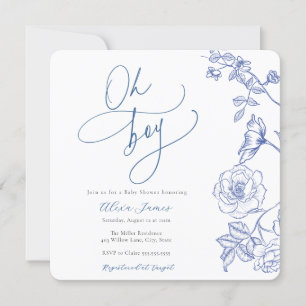 Blue Floral Oh Boy Baby Shower Invitation