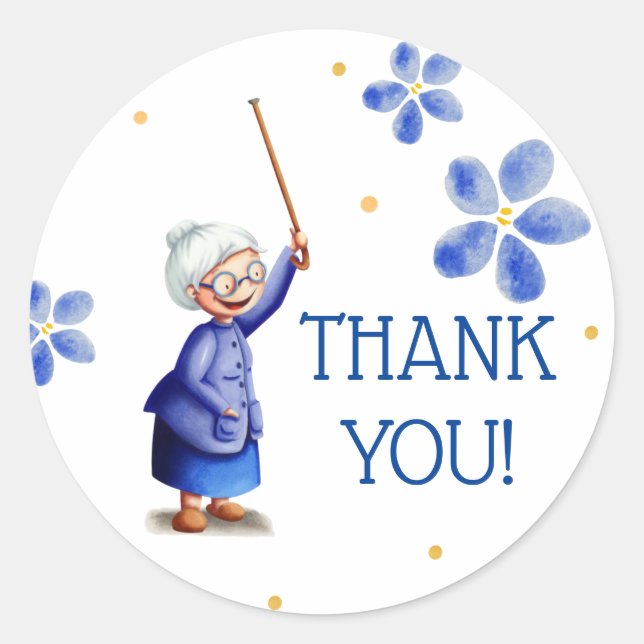 Blue floral old woman with cane thank you classic round sticker (Front)