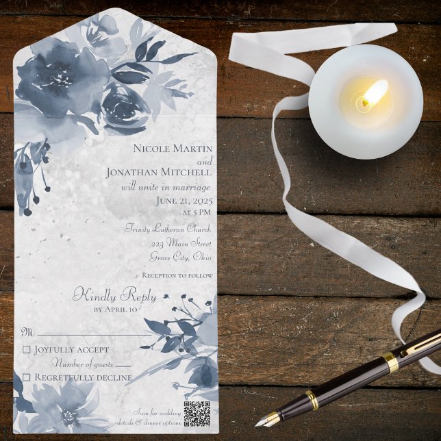 Blue Floral on Distressed White with QR Code All In One Invitation (Creator Uploaded)