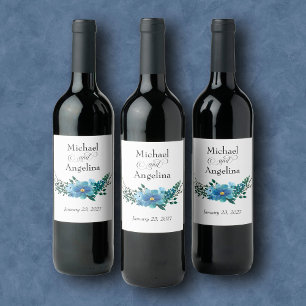 Blue Floral on White Wedding Wine Label