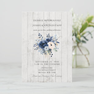 Blue Floral on Wood Wedding Invitation 