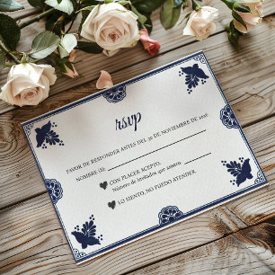Blue Floral Otomi Simple Fiesta Spanish Wedding RSVP Card