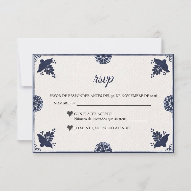 Blue Floral Otomi Simple Fiesta Spanish Wedding RSVP Card (Front)