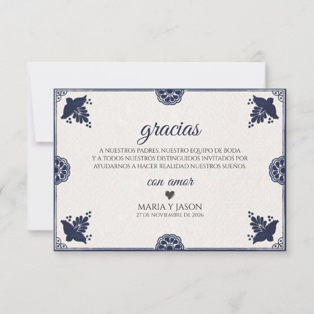 Blue Floral Otomi Simple Fiesta Spanish Wedding Thank You Card (Front)