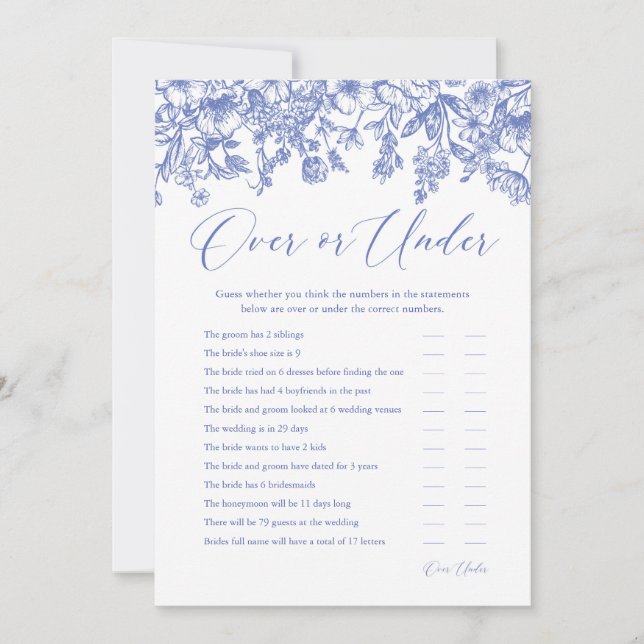 Blue Floral Over or Under Bridal Shower Game Invitation (Front)