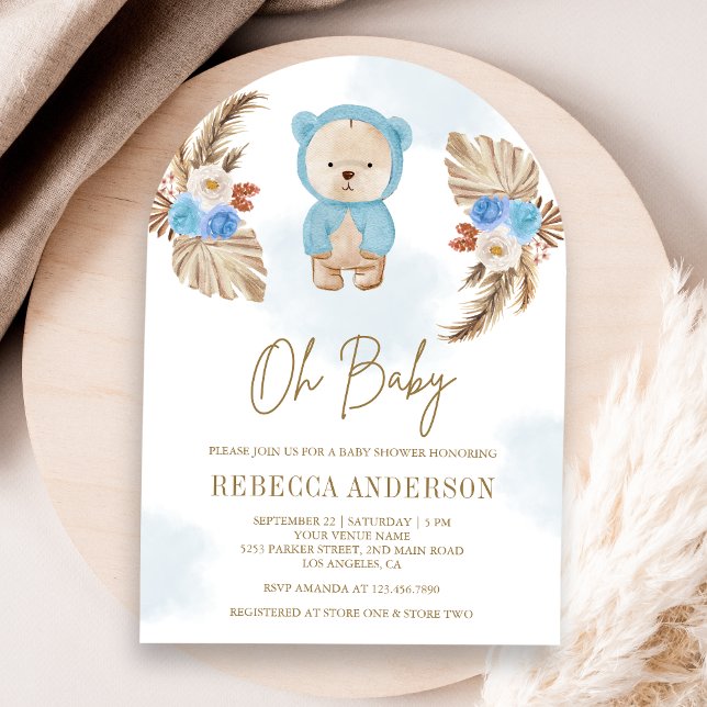 Blue Floral Pampas Teddy Bear Arch Baby Shower Invitation (Creator Uploaded)