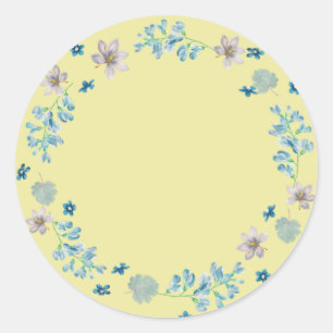 Blue Floral, pastel yellow background, Classic Round Sticker