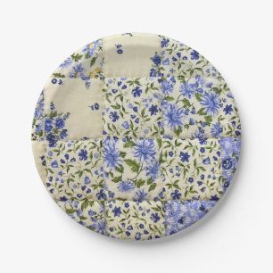 blue floral patchwork quilt paper plate