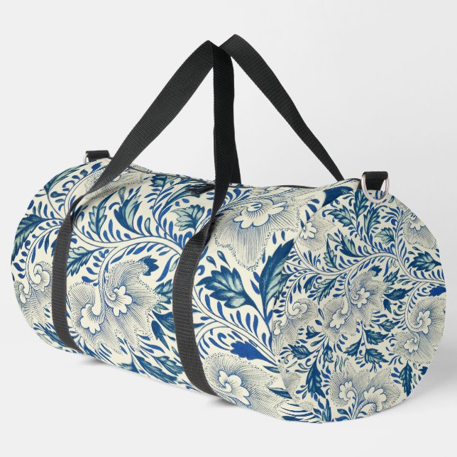 Blue Floral Pattern Antique Asian Design Duffle Bag (Left Corner)