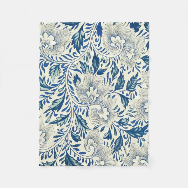 Blue Floral Pattern Antique Asian Design Fleece Blanket (Front)