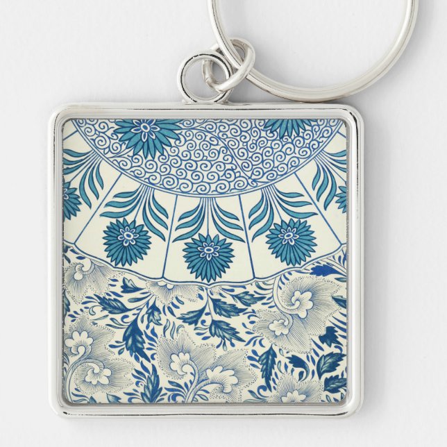 Blue Floral Pattern Antique Asian Design Key Ring (Front)