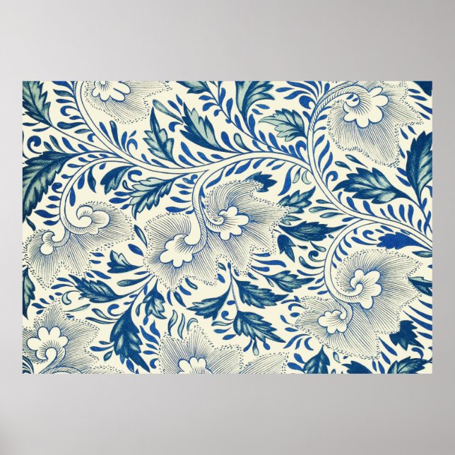 Blue Floral Pattern Antique Asian Design Poster (Front)