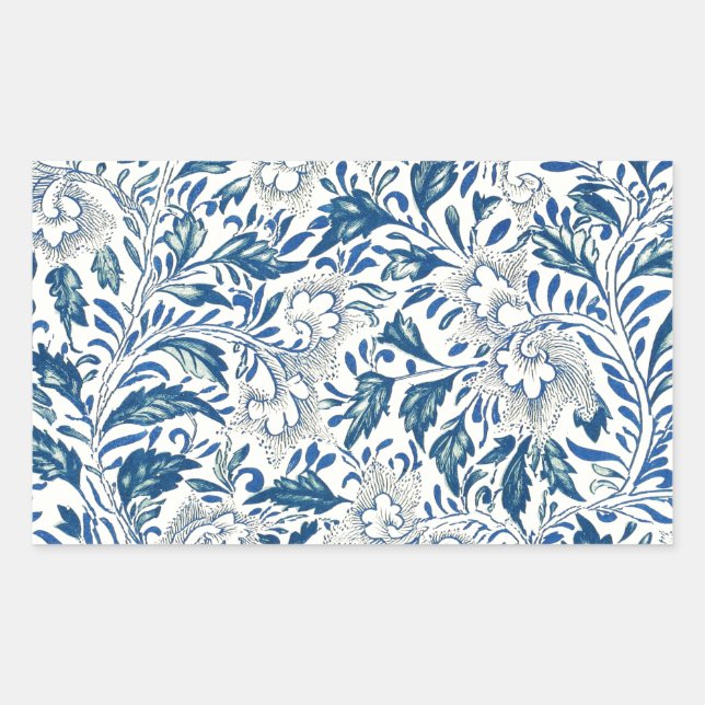 Blue Floral Pattern Antique Asian Design Rectangular Sticker (Front)
