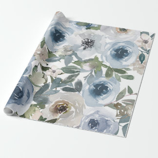 Blue Floral Pattern, Artistic Watercolor Wrapping Paper