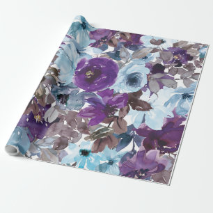 Blue Floral Pattern, Artistic Watercolor Wrapping Paper