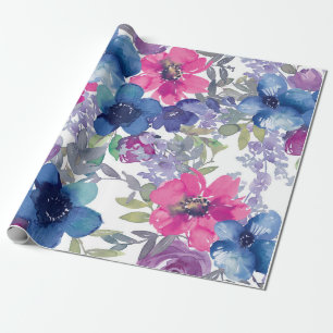 Blue floral pattern, artistic watercolor wrapping paper