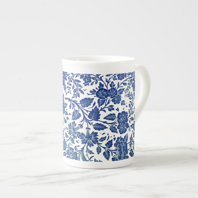 Blue Floral Pattern Bone China Mug (Front Right)