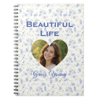 Blue Floral Pattern Heart Photo Frame Design Notebook