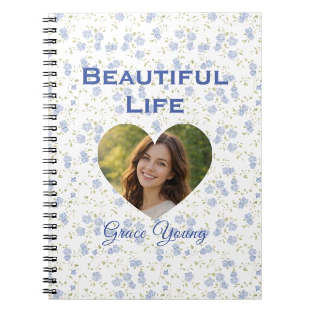 Blue Floral Pattern Heart Photo Frame Design Notebook (Front)