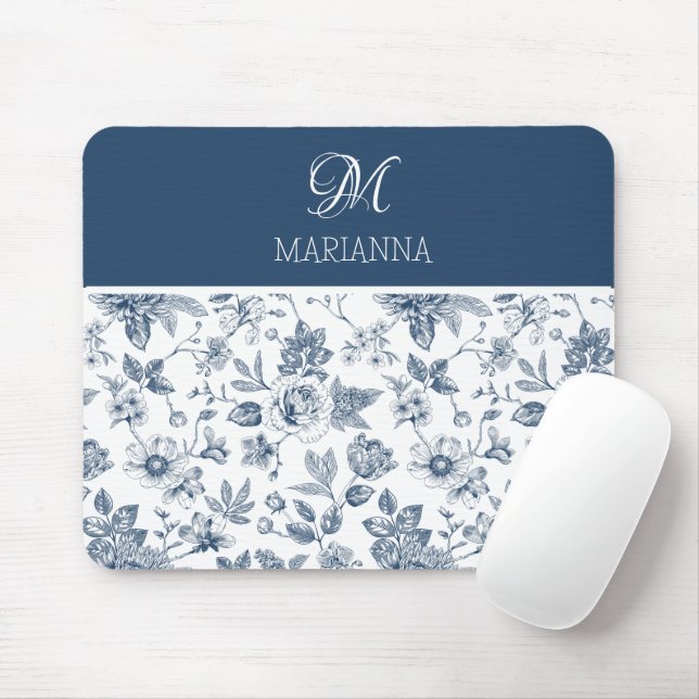 Blue Floral Pattern & Name Personalised  Mouse Pad (With Mouse)