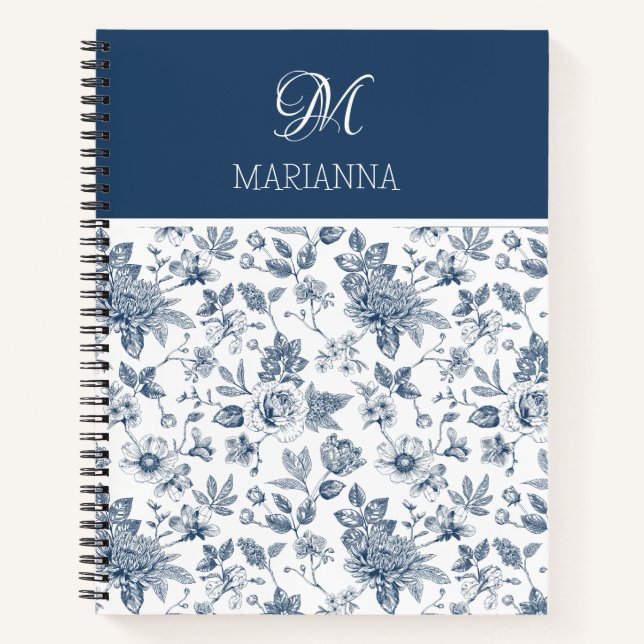 Blue Floral Pattern & Name Personalised  Notebook (Front)