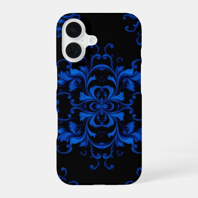 Blue Floral Pattern on Black Background iPhone 16 Case (Back)
