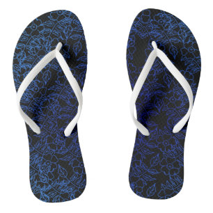 blue floral pattern on black jandals