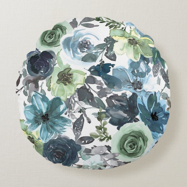 Blue floral pattern round cushion (Front)