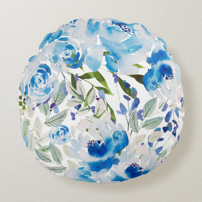 Blue floral pattern round cushion (Front)