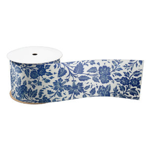 Blue Floral Pattern Satin Ribbon