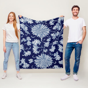Blue Floral Pattern Vintage Chinese Ornament Fleece Blanket