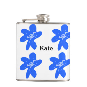 Blue floral pattern watercolor add name text hip flask