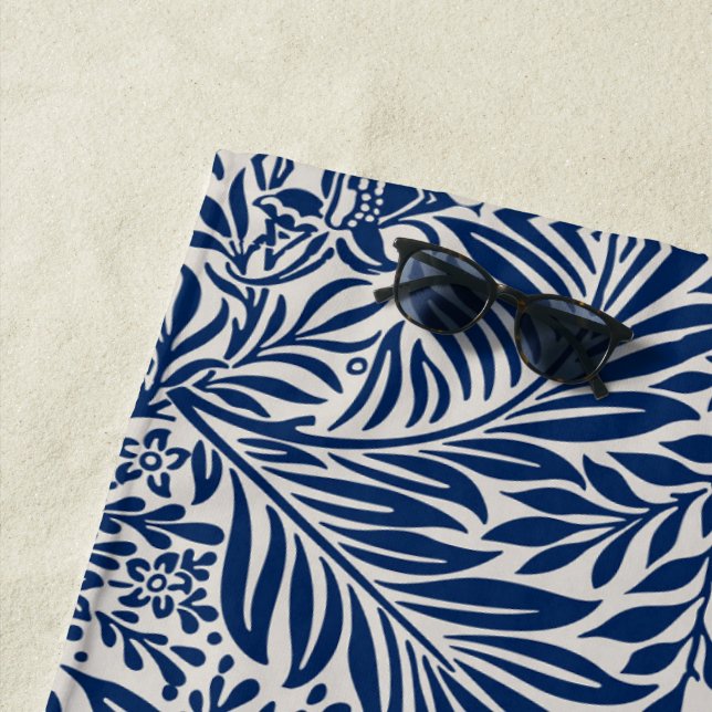 blue floral pattern with diverse leaves & blossoms beach towel (In Situ)