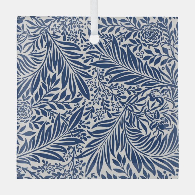 blue floral pattern with diverse leaves & blossoms glass tree decoration (Front)