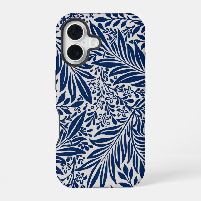 blue floral pattern with diverse leaves & blossoms iPhone 16 case (Back)
