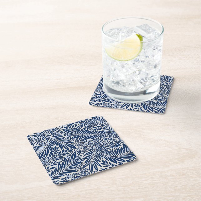 blue floral pattern with diverse leaves & blossoms square paper coaster (Insitu)